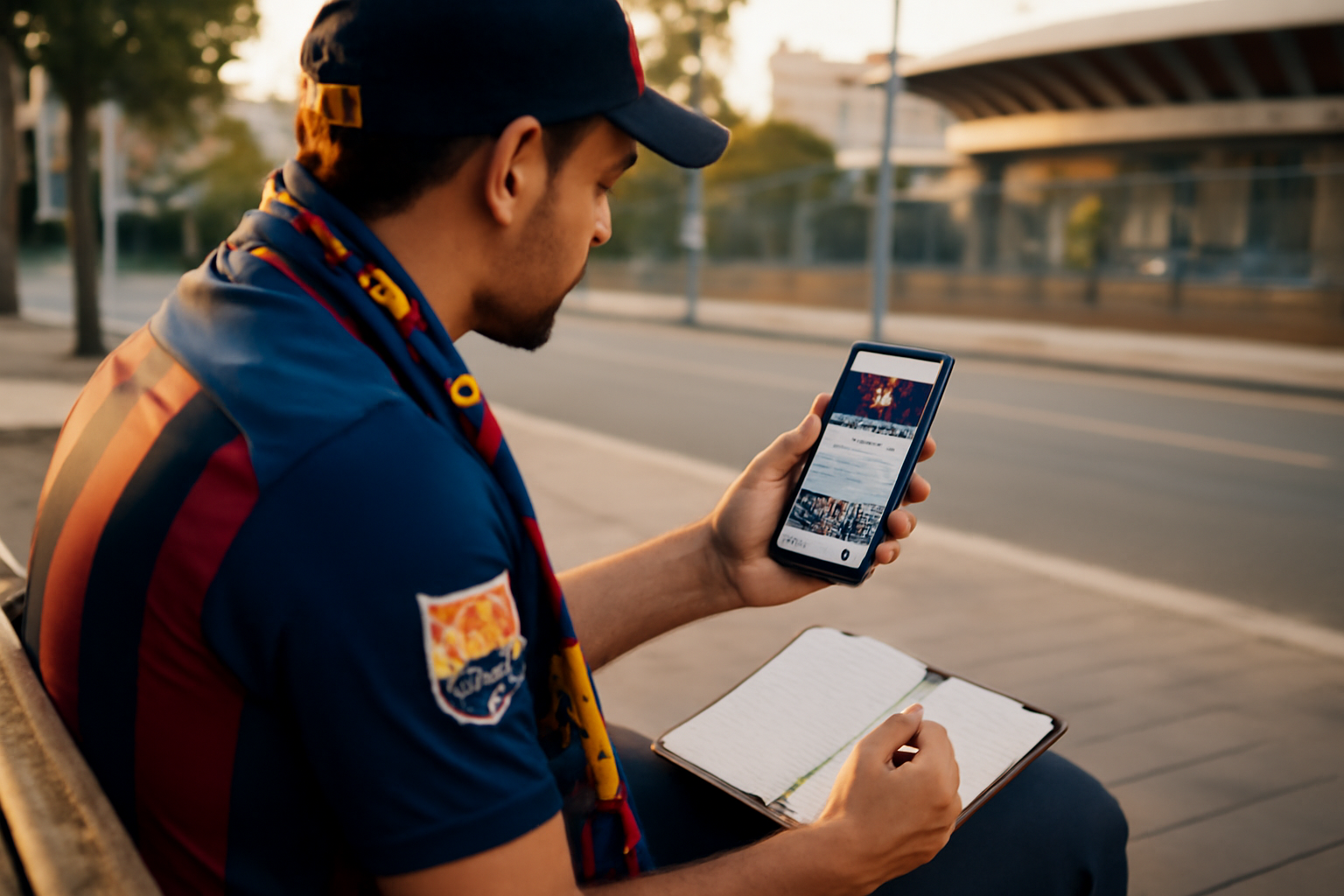 fc barcelone feminin : écran du site officiel sur un smartphone près d’un stade, photo réaliste