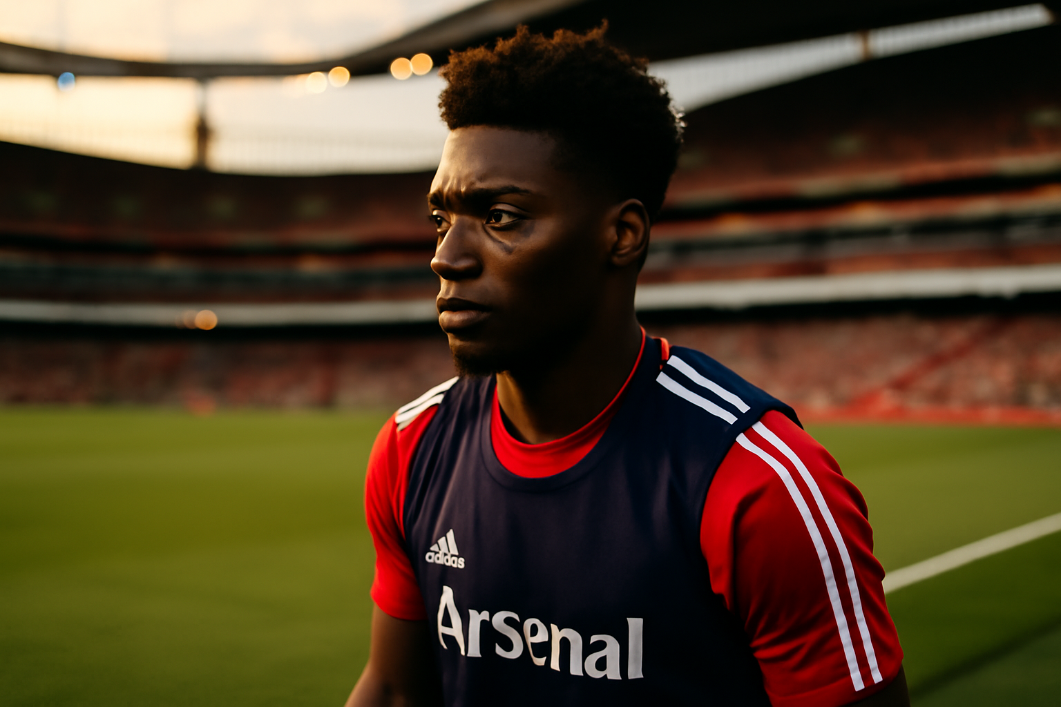 Emmanuel Frimpong, maillot d’Arsenal et ambiance de stade, photo réaliste