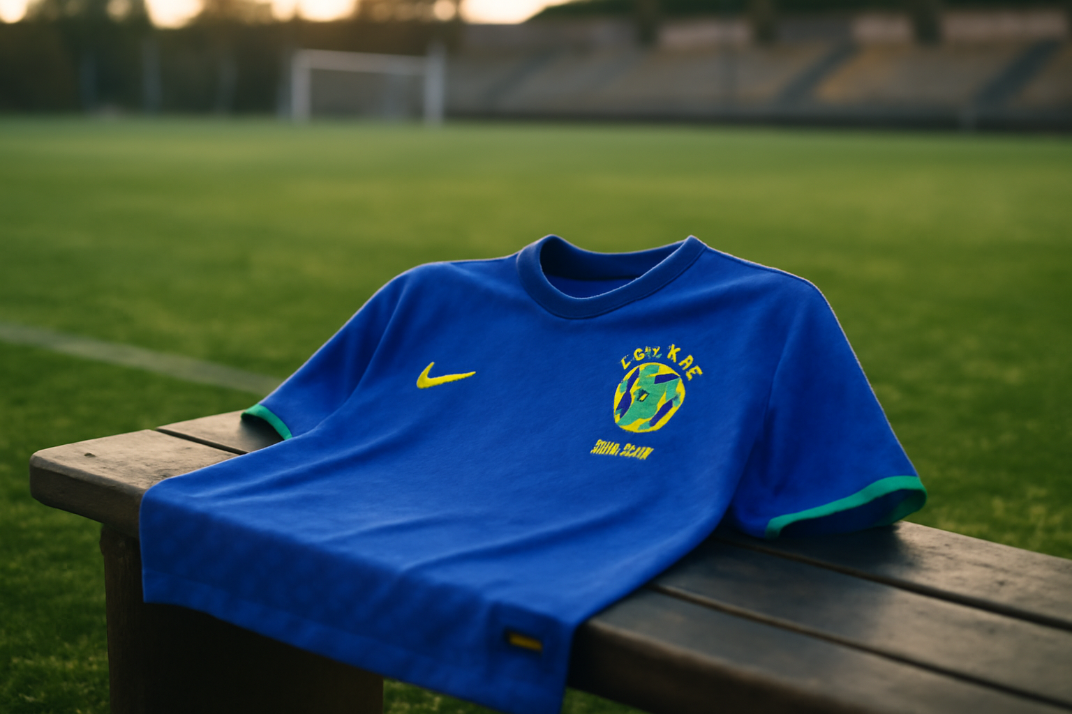 Maillot bresil bleu sur un banc de stade, lumière naturelle, style photo réaliste