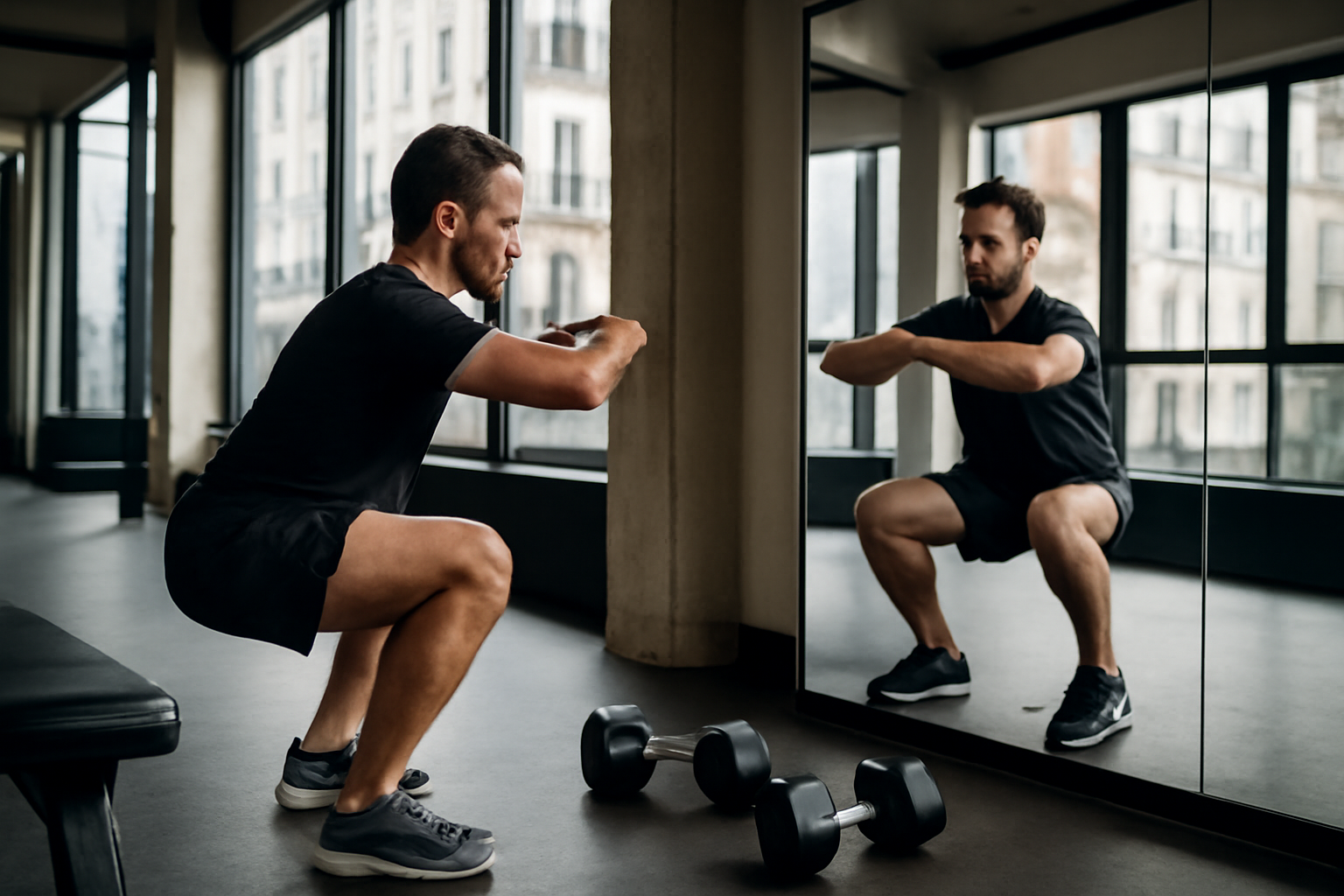 muscles de la cuisse : photo réaliste d’une séance de renforcement des jambes en salle, avec haltères et écran de suivi