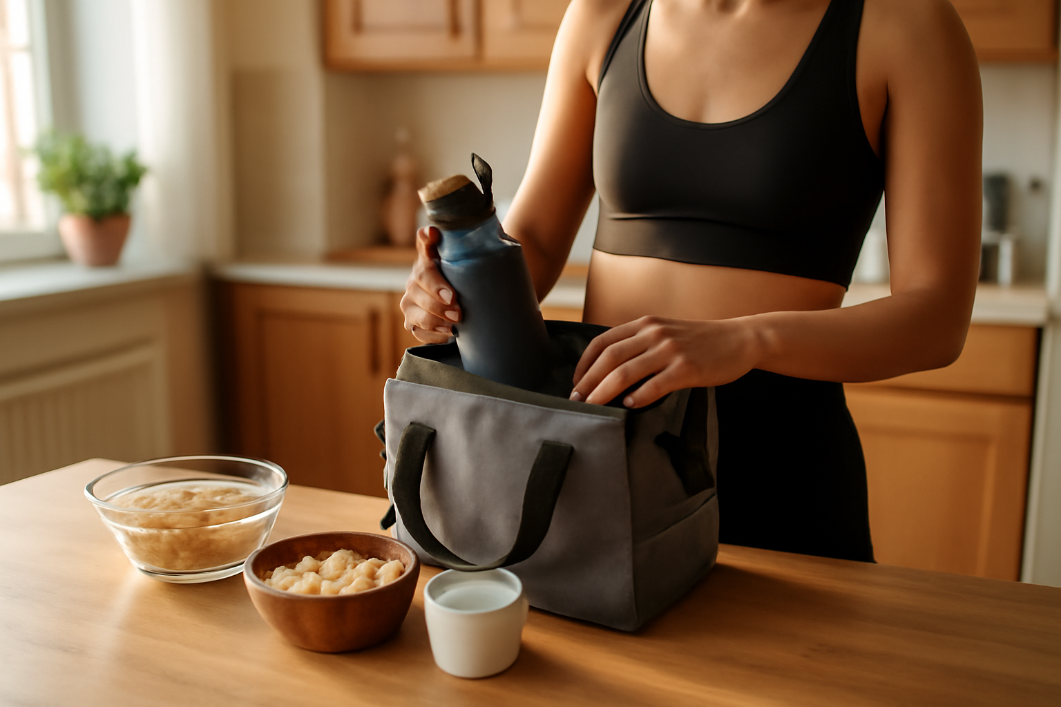 Nutrition sportive : assiette de glucides faciles à digérer et gourde avant une sortie