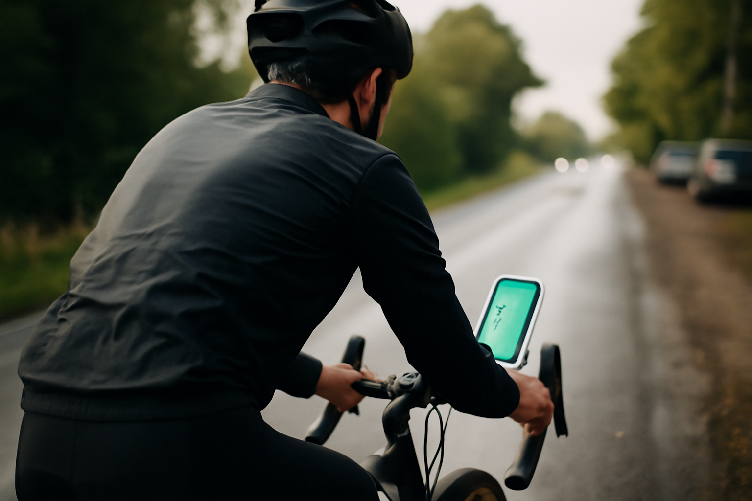 Porte telephone velo sur guidon en sortie route, écran GPS lisible sous la lumière du matin
