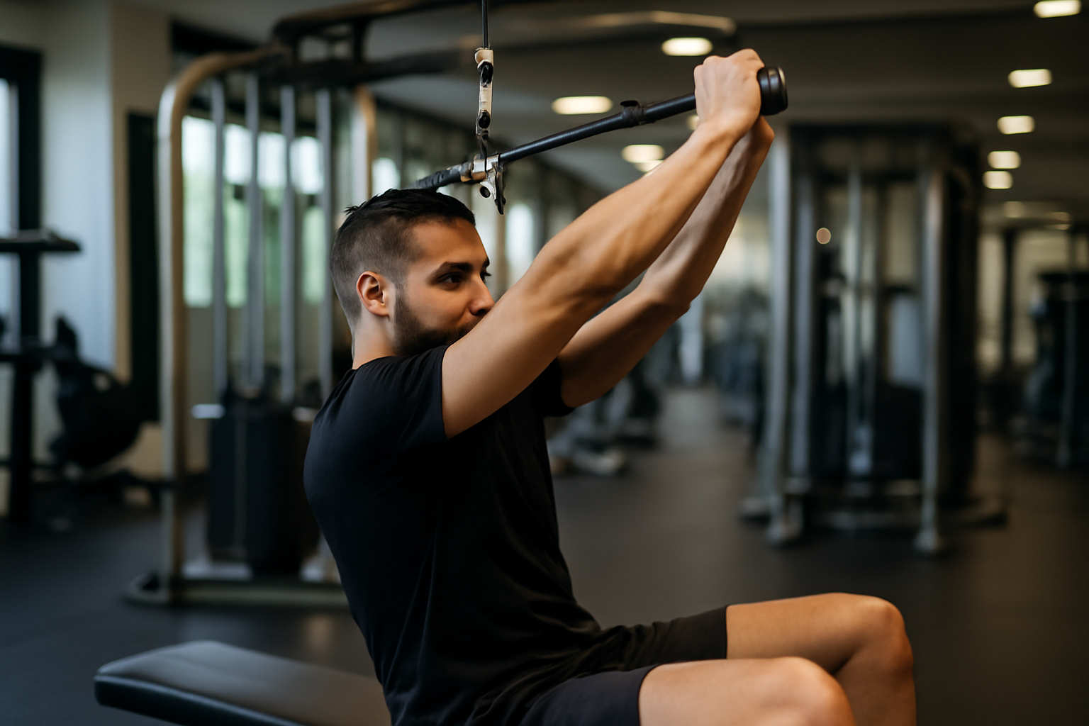 pull over poulie en salle de sport, poulie haute et gainage du buste