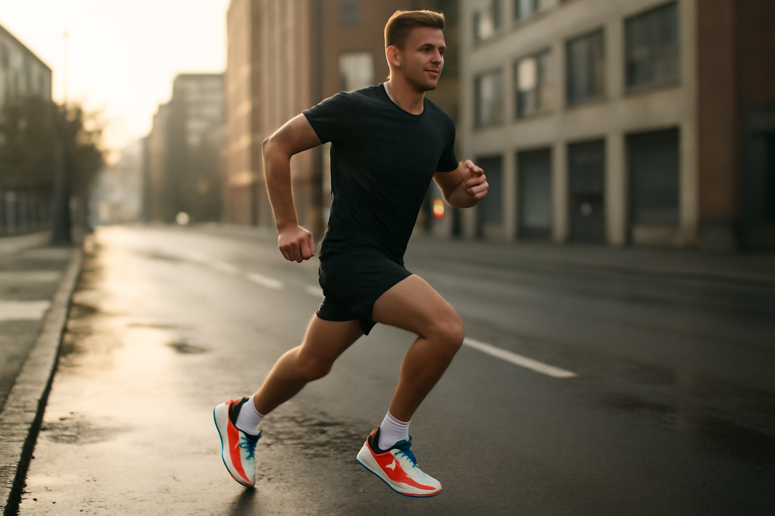 saucony endorphin speed 5 sur route humide, coureur en mouvement avec lumière du matin