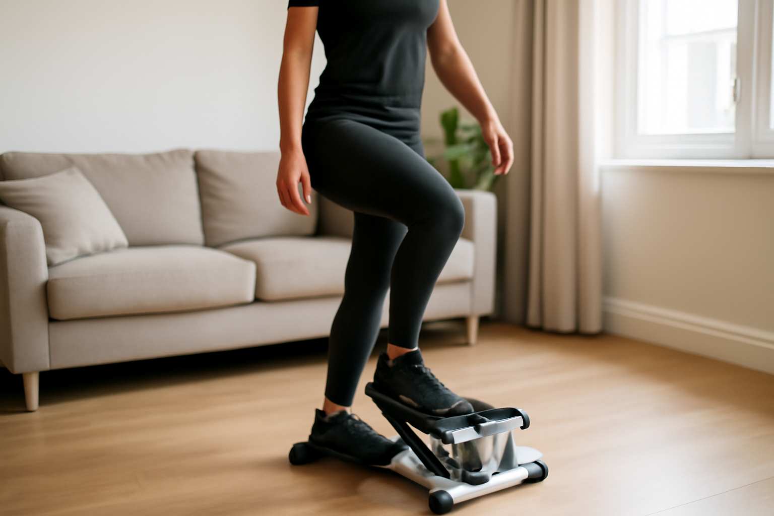 Mini stepper utilisé en stepper up dans un salon, lumière du matin