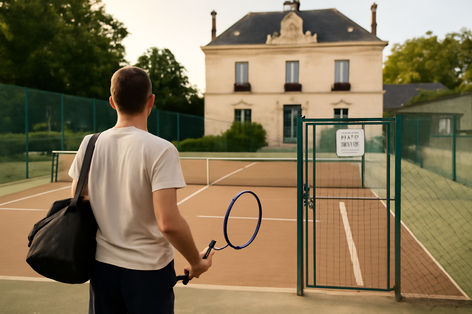 Terrain de tennis en libre accès autour de moi près d’une mairie, vue de courts avec entrée et panneaux d’accès