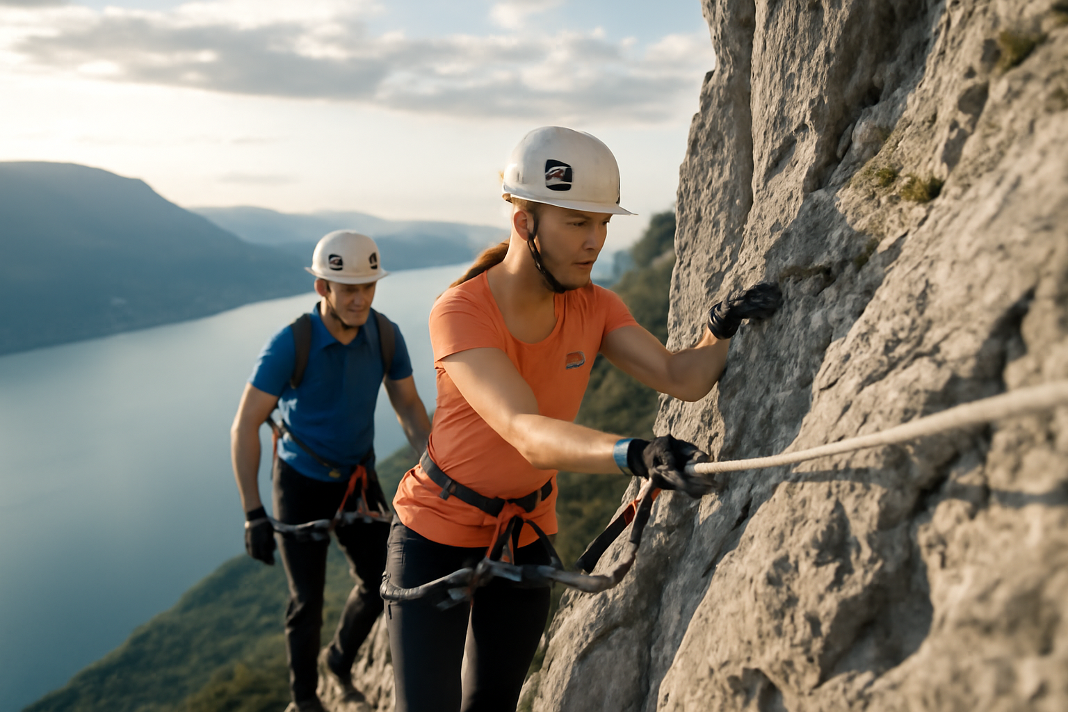via ferrata dent du chat sur le Roc de Cornillon, personnes équipées casque et baudrier, vue sur le lac du Bourget
