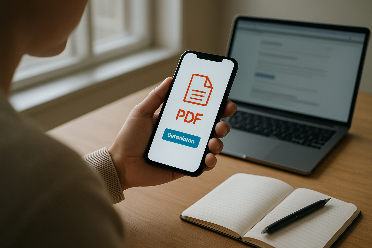Téléchargement d’un PDF d’entraînement sur un téléphone, au calme, avec une page source ouverte
