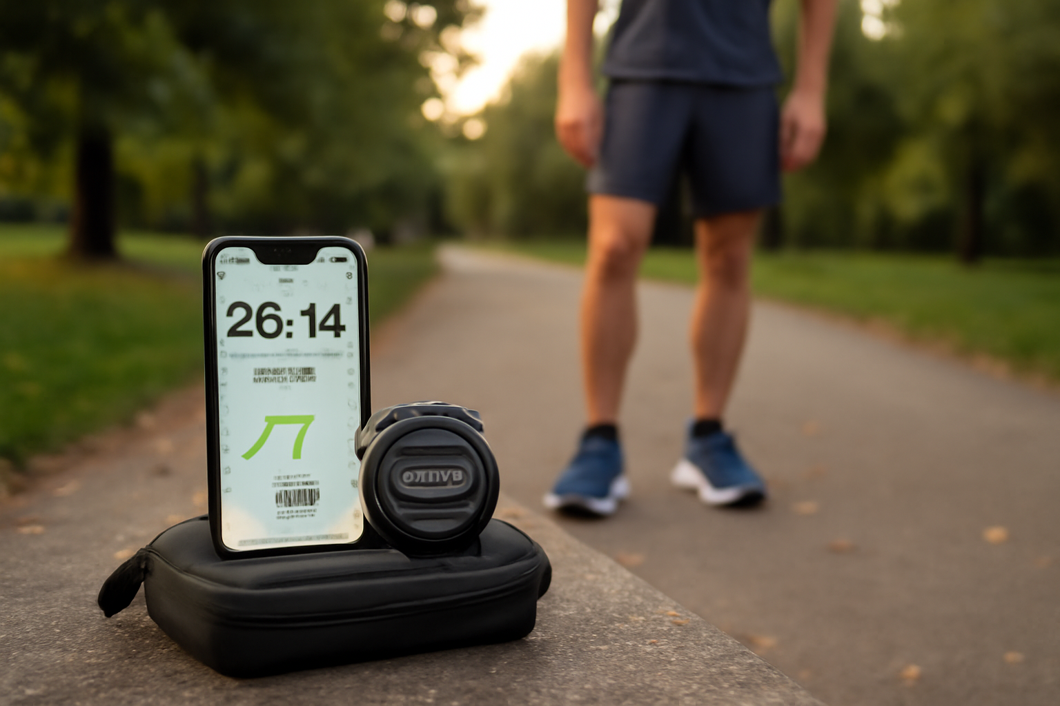 Calcul de l’allure vitesse sur un parcours de course à pied près d’un parc, chronomètre et distance GPS sur mobile