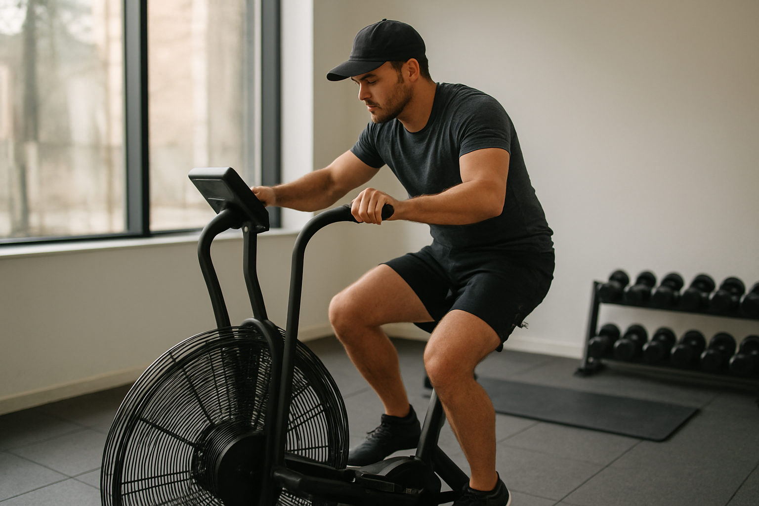 Assault bike cardio à résistance d’air dans une salle de sport, personne en tenue de cyclisme, ventilateur visible