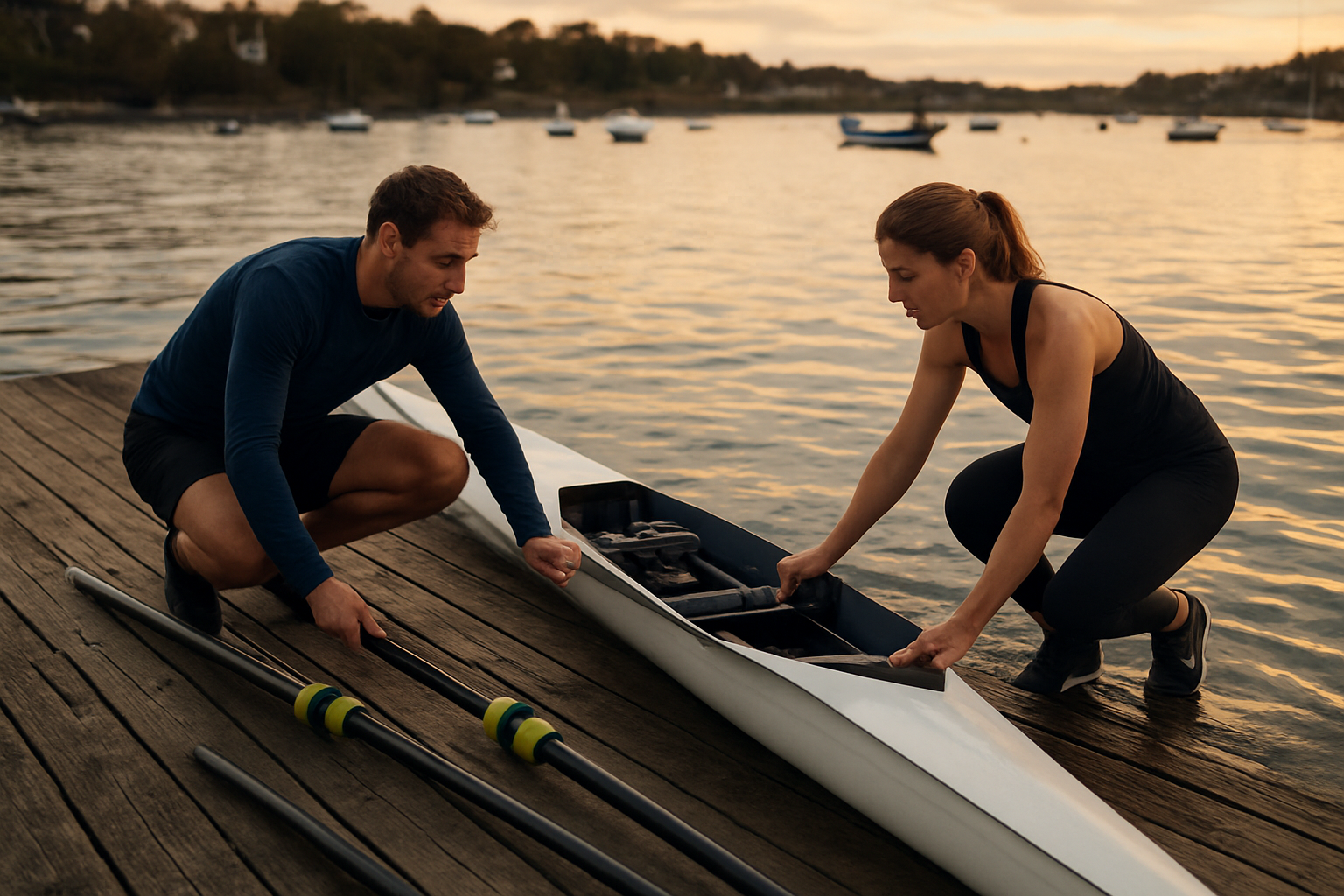 Bateau pour aviron sur quai avec rameurs préparant la mise à l’eau