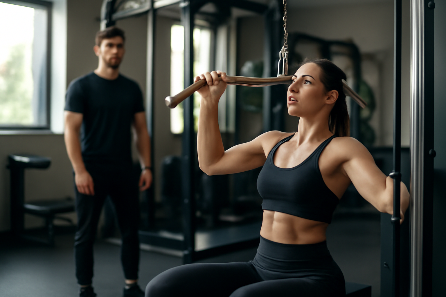 Salle de musculation, femme s’entraînant sur une machine de tirage avec une posture stable, lumière naturelle
