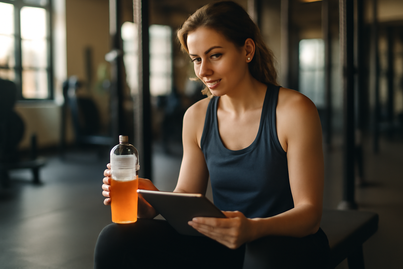 Femme en tenue de sport prenant une boisson et vérifiant son journal d’entraînement sur une tablette avant une séance
