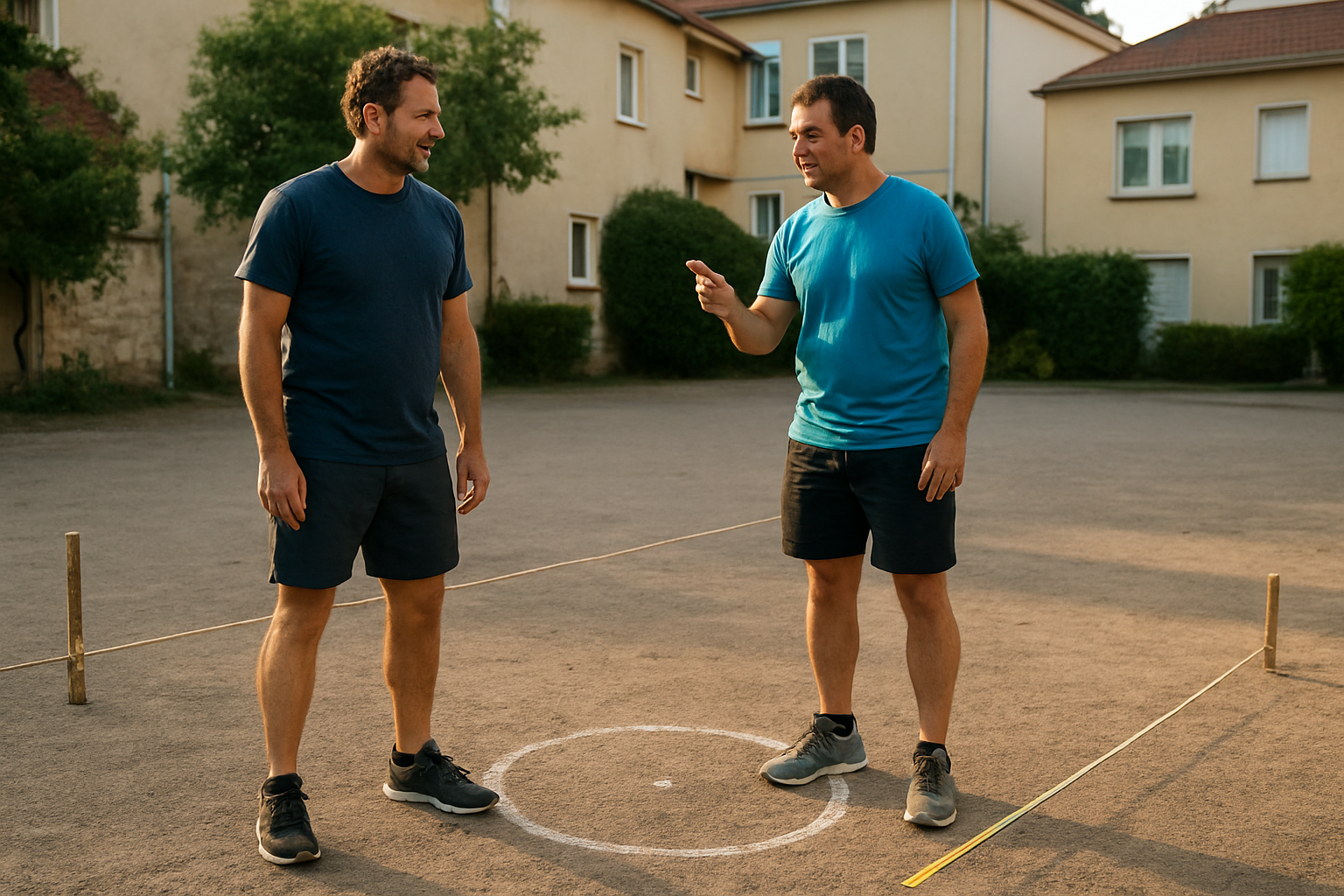 Tracé d’un terrain de pétanque 15 m sur 4 m avec corde d’alignement et repères de cercle