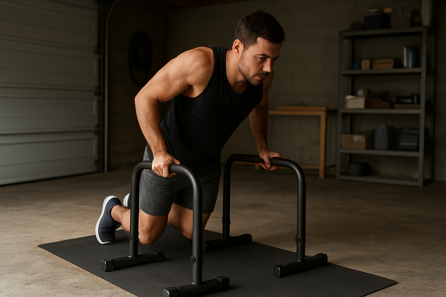 Barre de dips réglable stable avec poignées et patins antidérapants dans un garage