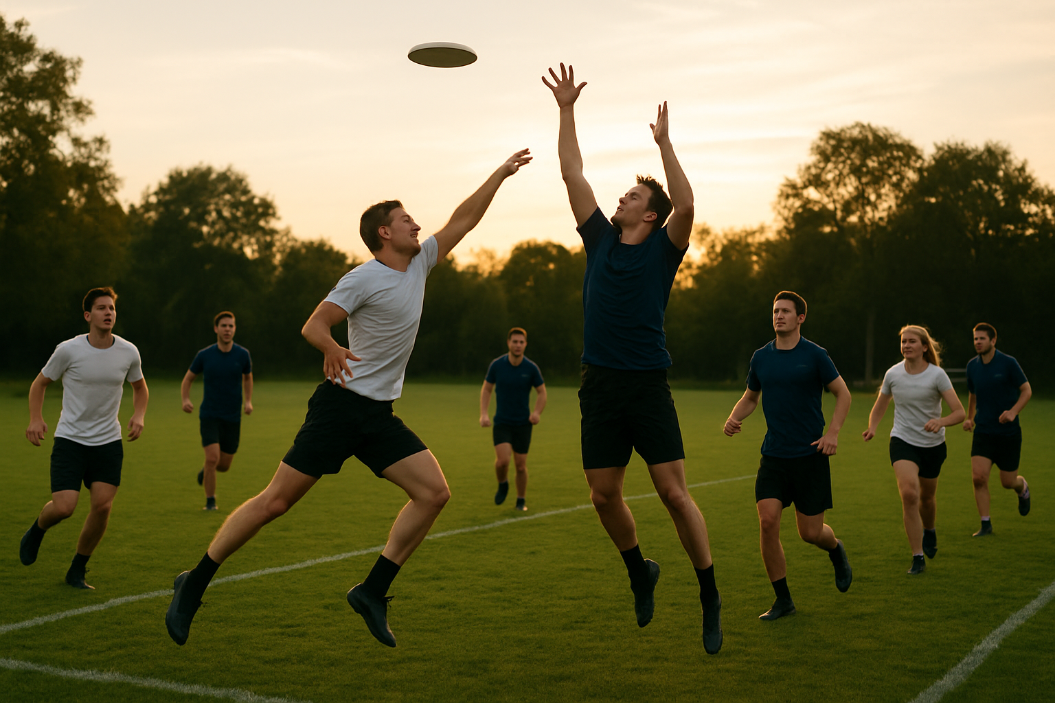 Joueurs d’ultimate au frisbee sur un terrain de jeu 100 m par 37 m, en lumière de fin d’après-midi