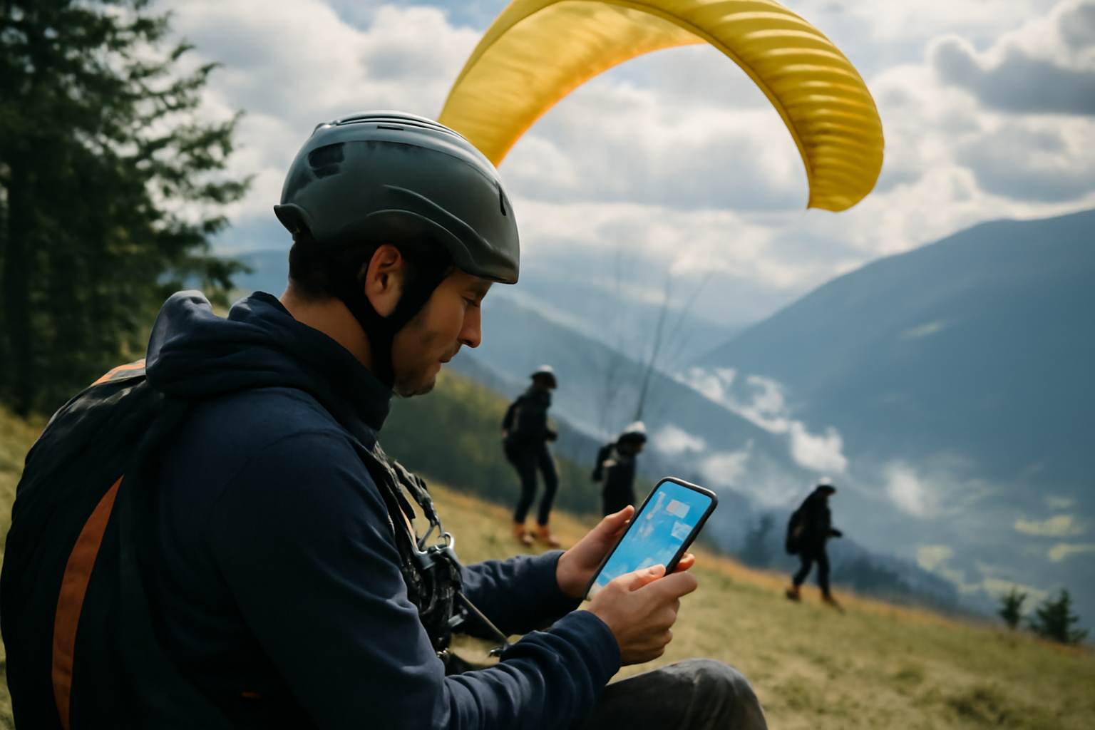 Préparation de vol en parapente avec lecture de cartes de météo et vent au décollage