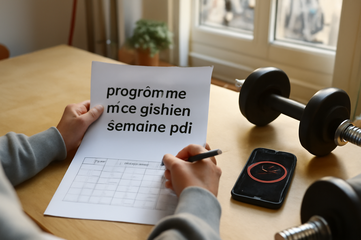 programme musculation semaine pdf imprimé sur table avec tableau de suivi et stylo