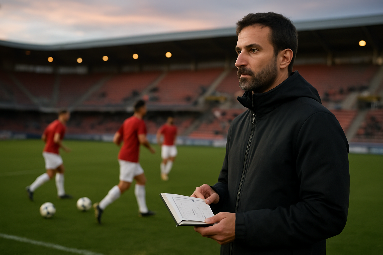 Stade de football au crépuscule, entraîneur pointant une feuille de match avant Racing Santander contre FC Barcelone