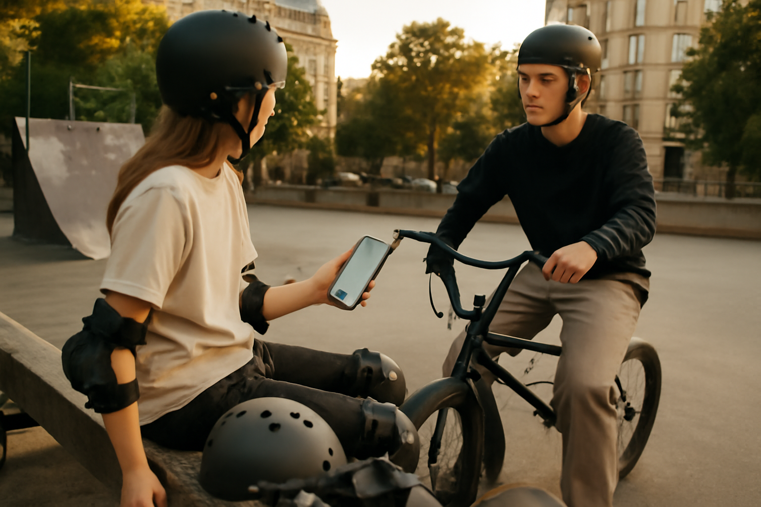 Skatepark près de chez toi, carte sur smartphone et skateurs prêts à rouler