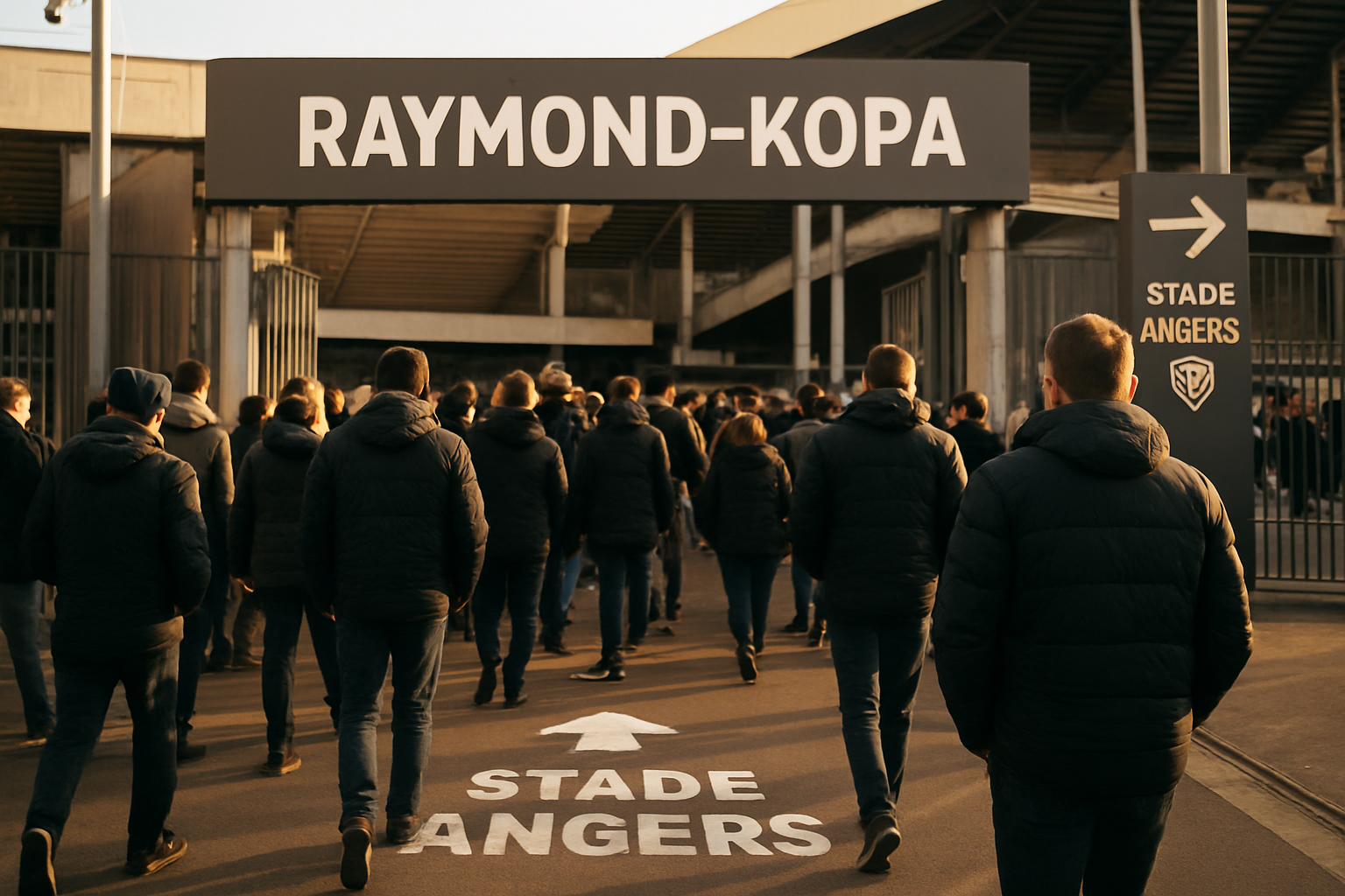 Entrée du stade Raymond-Kopa à Angers avec signalétique et accès piétons, ambiance jour de match