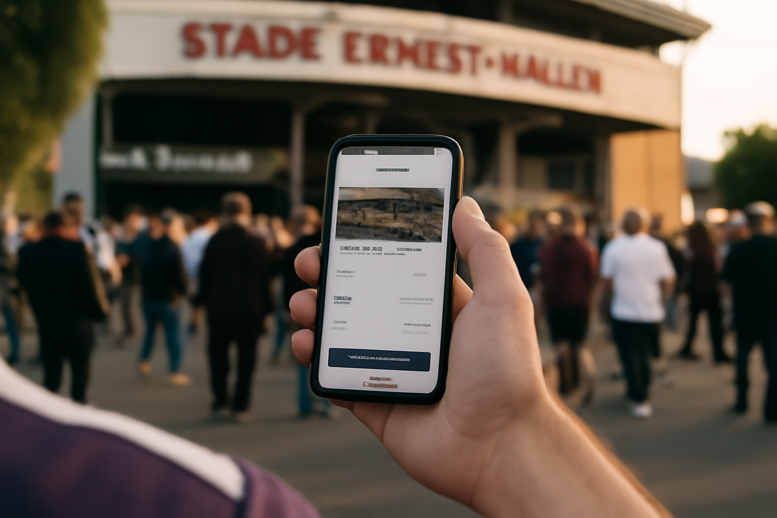 stade toulousain billetterie : écran de billetterie en ligne sur un smartphone devant le Stade Ernest-Wallon