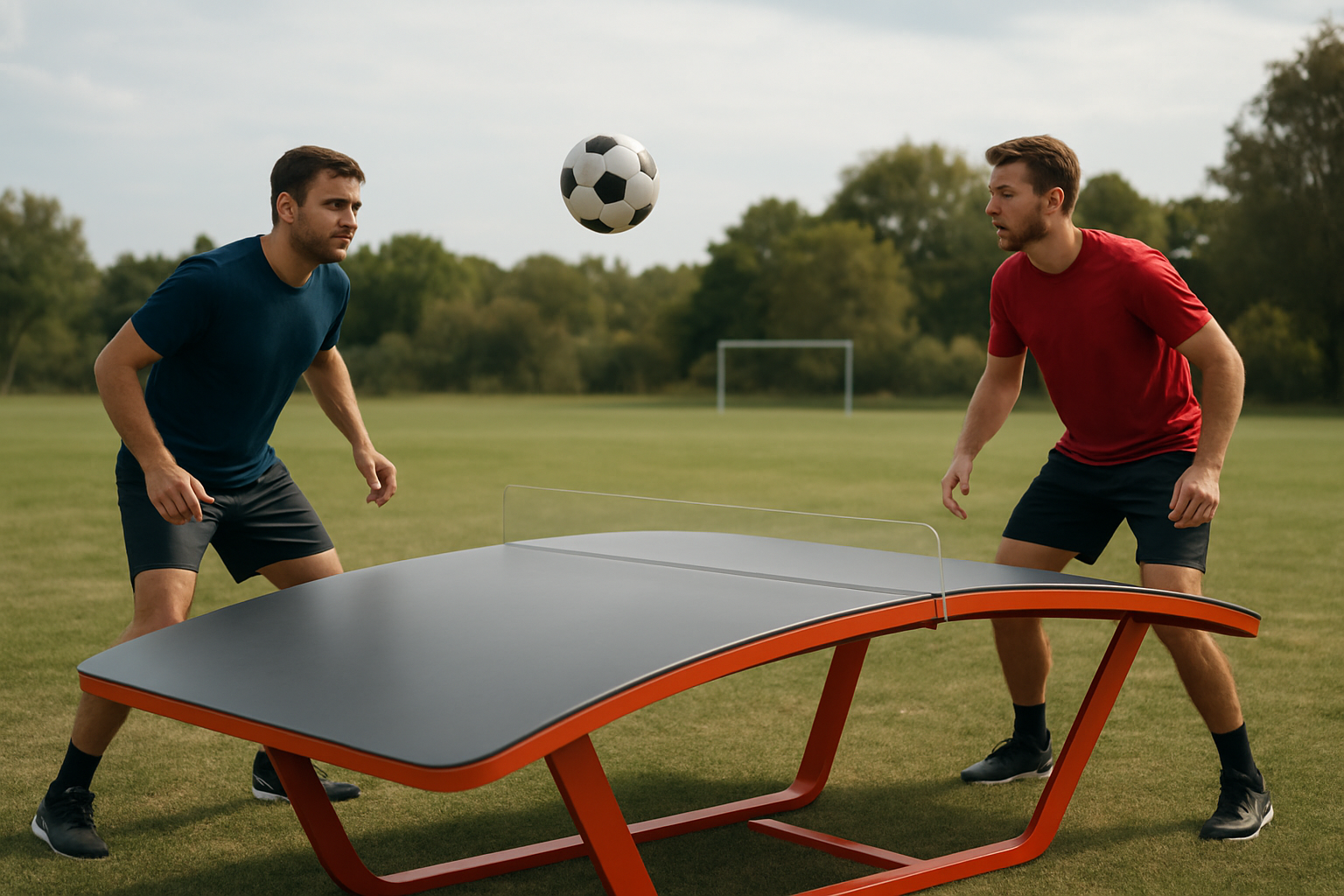 Table de teqball incurvée sur un terrain en extérieur, deux joueurs en tenue de sport prêts à échanger le ballon