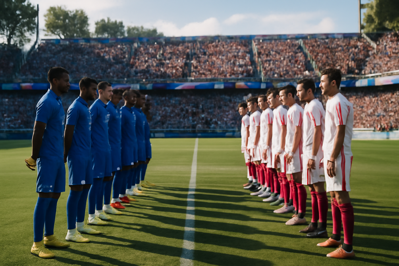 Match de football en stade, joueurs en tenue officielle, ambiance d’ouverture de saison, lumière d’après-midi
