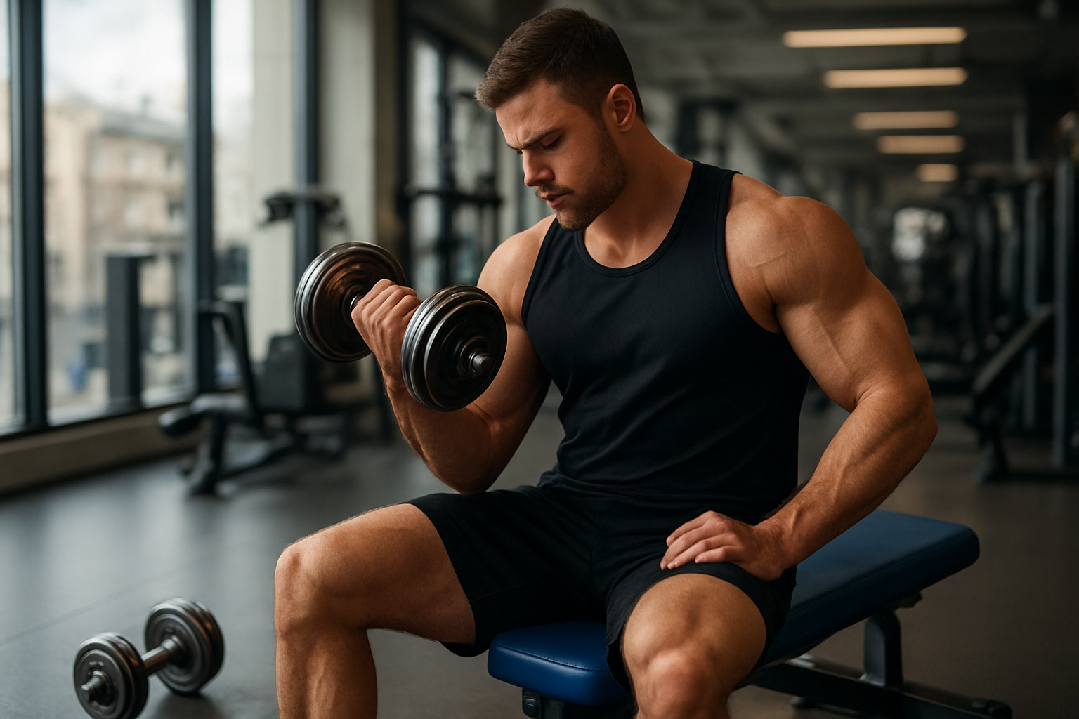 Exercices biceps : curl haltères sur banc incliné, lumière naturelle dans une salle de sport