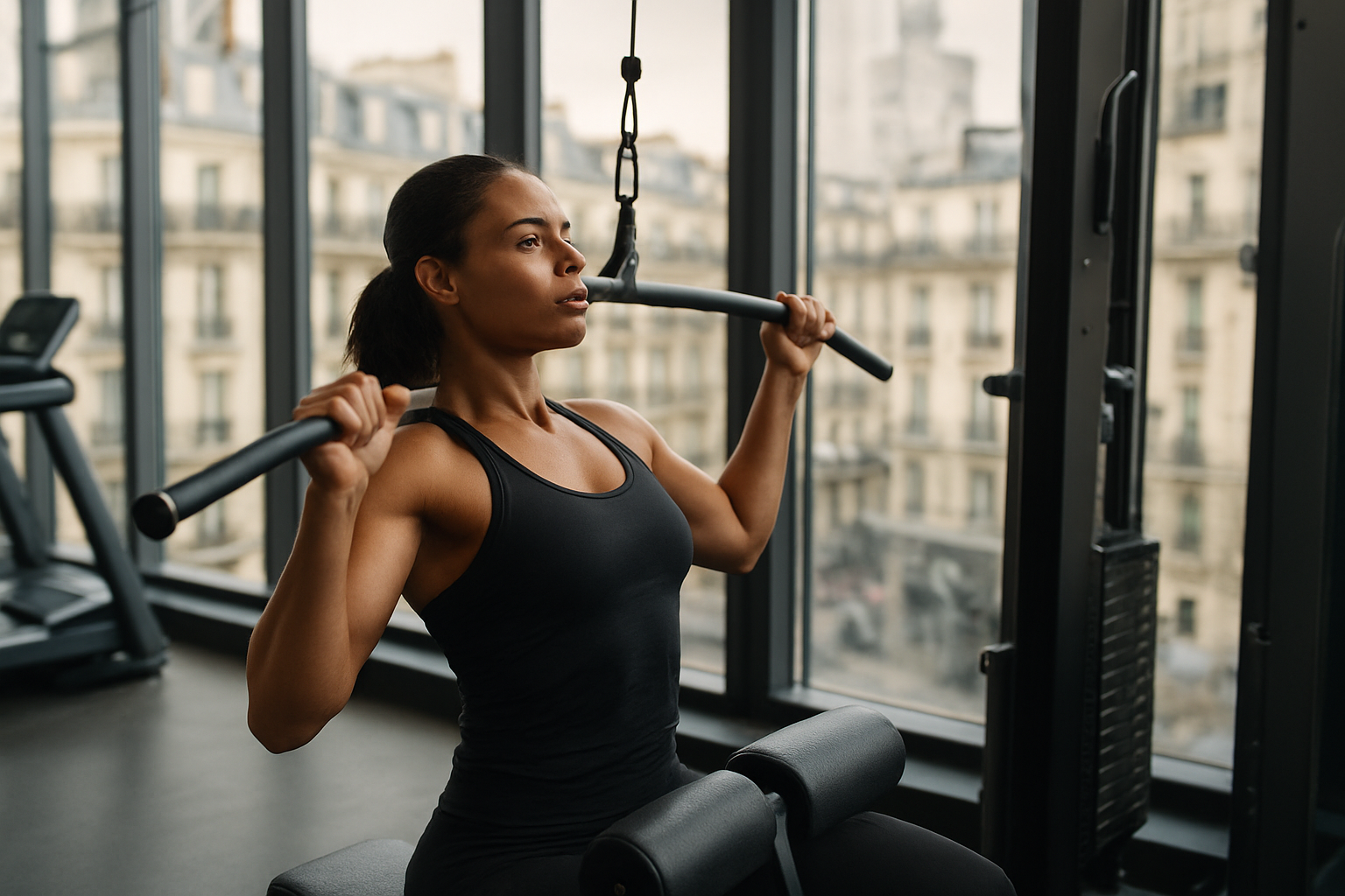 Personne en salle faisant un tirage vertical pour muscler le grand dorsal