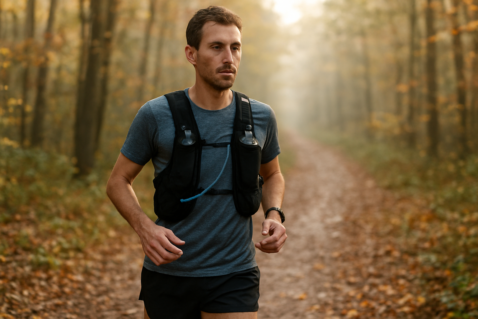Gilet d’hydratation trail sur un coureur en sentier, poches et tuyau visibles