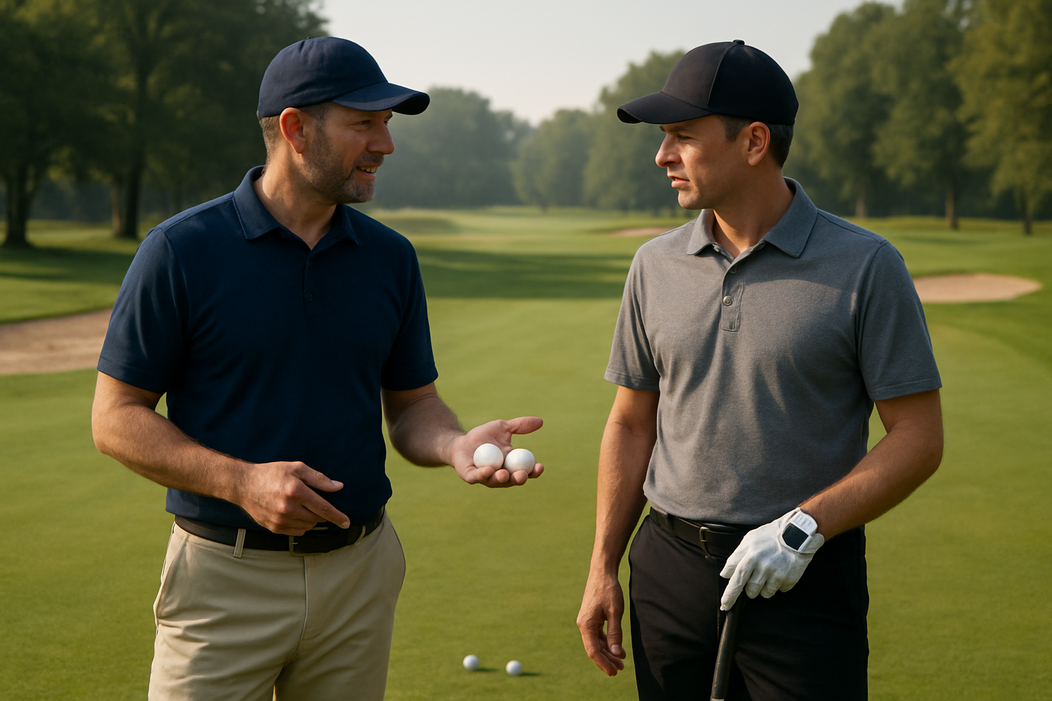 Deux joueurs de golf en duo choisissant la meilleure balle après les départs sur un fairway, lumière du matin, parcours français