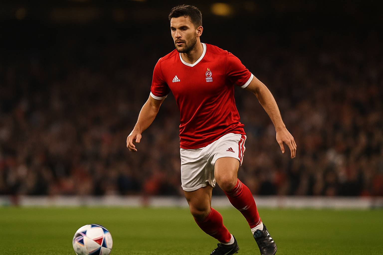Liam Delap sous le maillot de Nottingham Forest, en match de Premier League, stade baigné de lumière de soirée